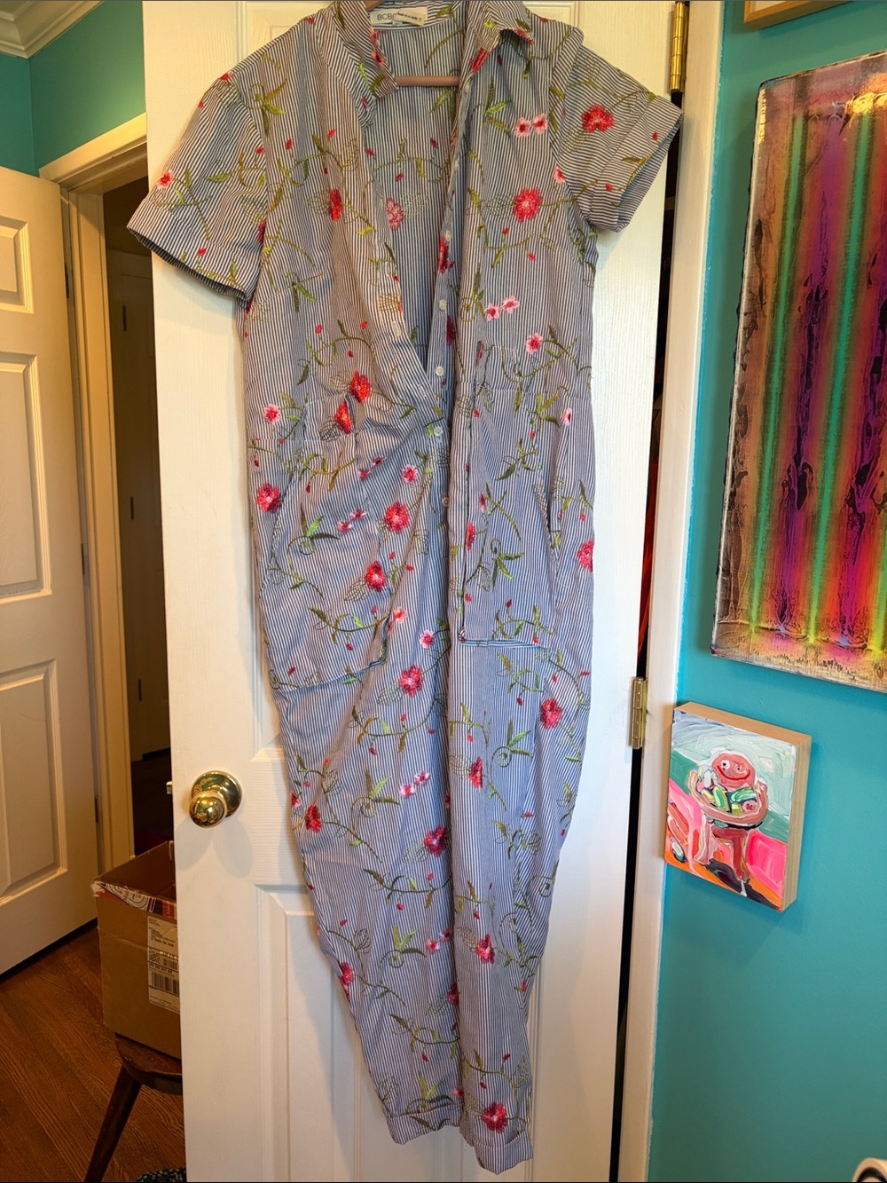 BCBGeneration Floral Stripe One-Piece Romper in Blue with Pink Flowers